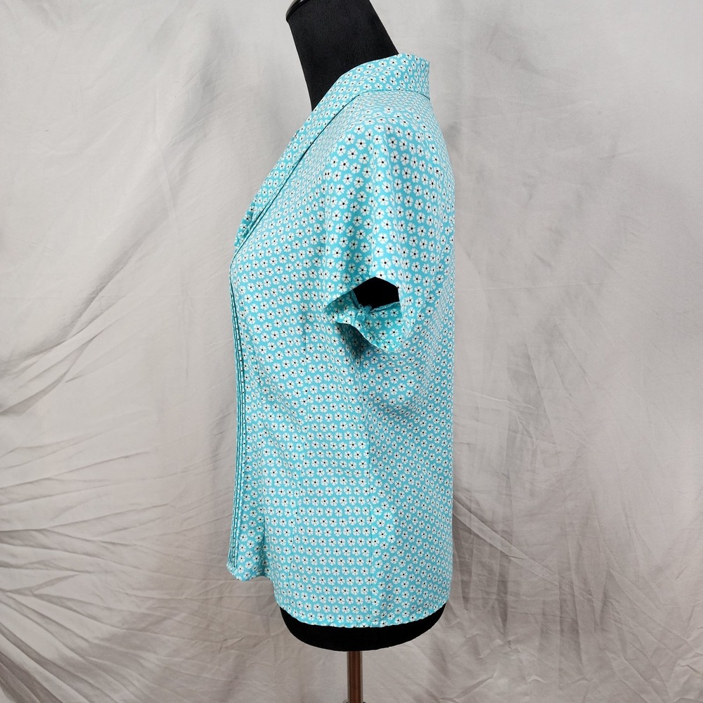 COVINGTON Size Small Turquoise Blue Ditsy Floral Pleated Shawl Collar Blouse EUC - Picture 5 of 9